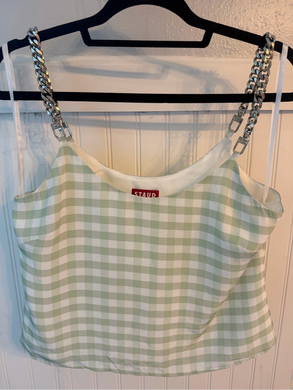 STAUD Mint Green Gingham Chain-Strap Cami